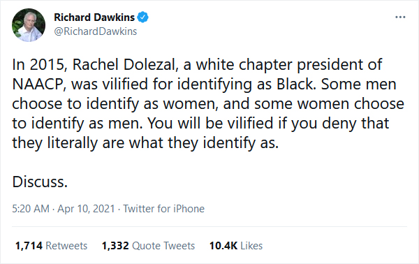 Richard Dawkins on Twitter (10 April 2021)